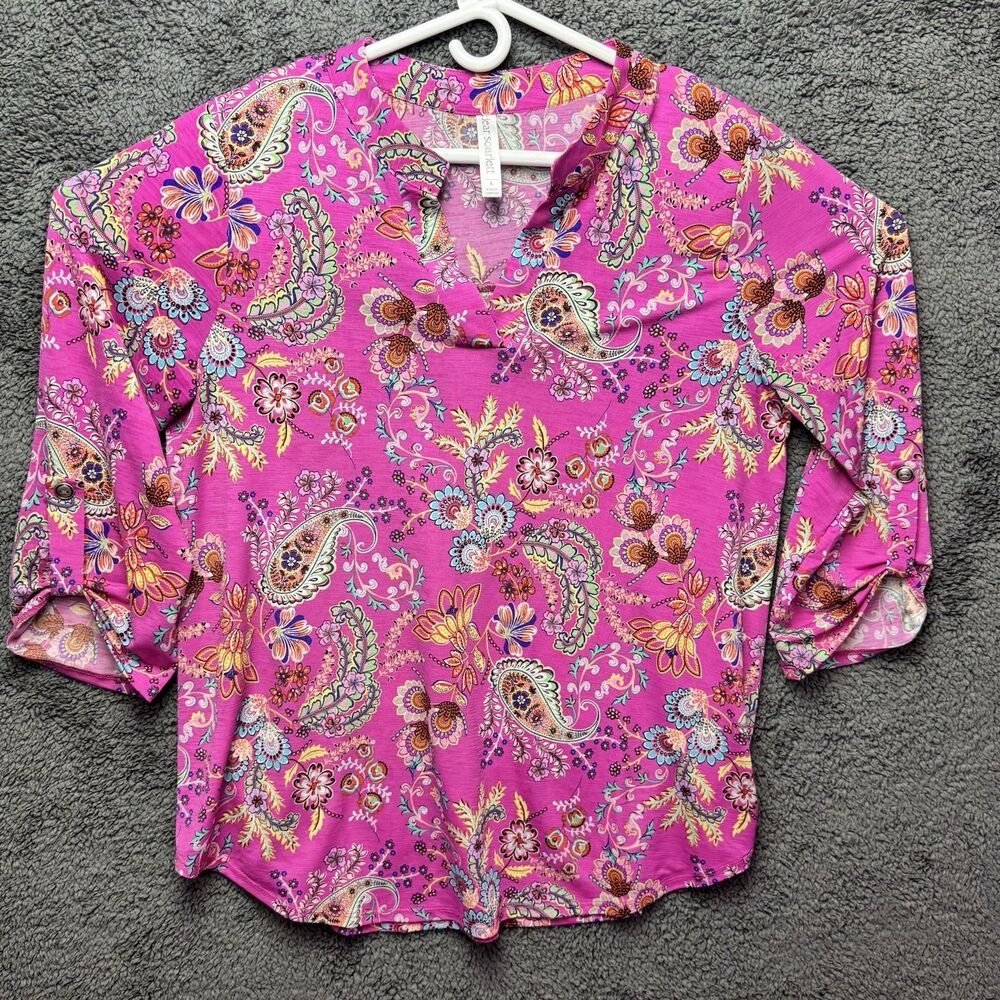 Dear Scarlett Pink Floral Paisley Boho Blouse Roll Tab Sleeves Stretch Large